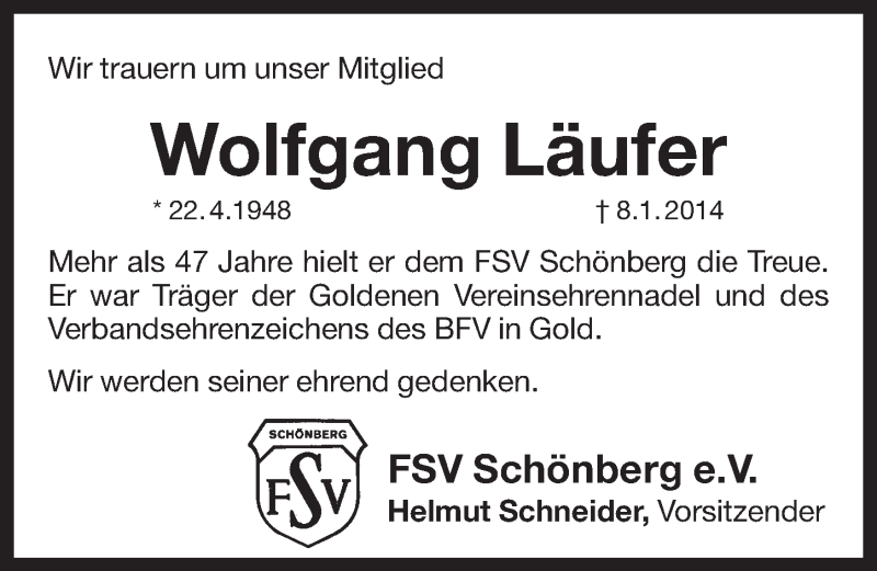  Traueranzeige für Wolfgang Läufer vom 11.01.2014 aus Pegnitz-Zeitung
